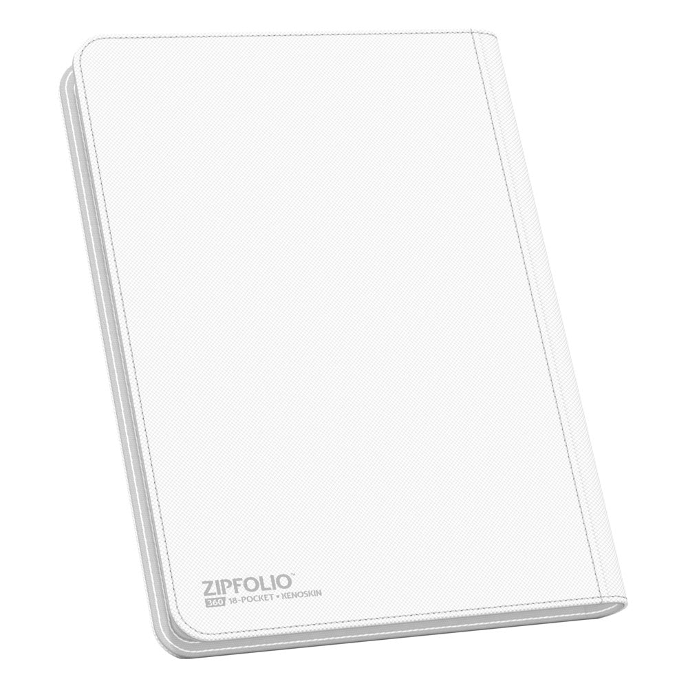 Weiße Ultimate Guard Zipfolio 360 Kartenmappe mit XenoSkin, 18-Pocket, für Sammelkarten, geschlossen.