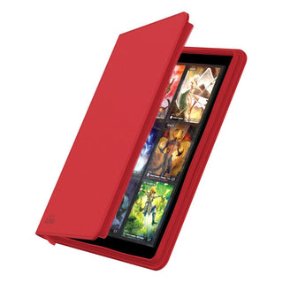 Rote Ultimate Guard Zipfolio 360 Kartenmappe mit XenoSkin-Einband, geöffnet, zeigt Sammelkarten in 18-Taschen-Seiten.