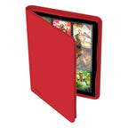 Rote Ultimate Guard Zipfolio 360 Kartenmappe mit XenoSkin, geöffnet, zeigt Sammelkarten in 18-Taschen-Seiten.