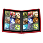 Rote Ultimate Guard Zipfolio 360 Kartenmappe mit 18-Taschen-Seiten, gefüllt mit Sammelkarten, offen gezeigt.