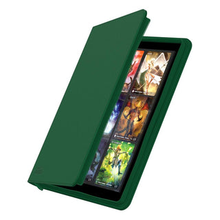 Grüne Ultimate Guard Zipfolio 360 Sammelkartenmappe mit XenoSkin und 18-Taschen-Seiten, leicht geöffnet.