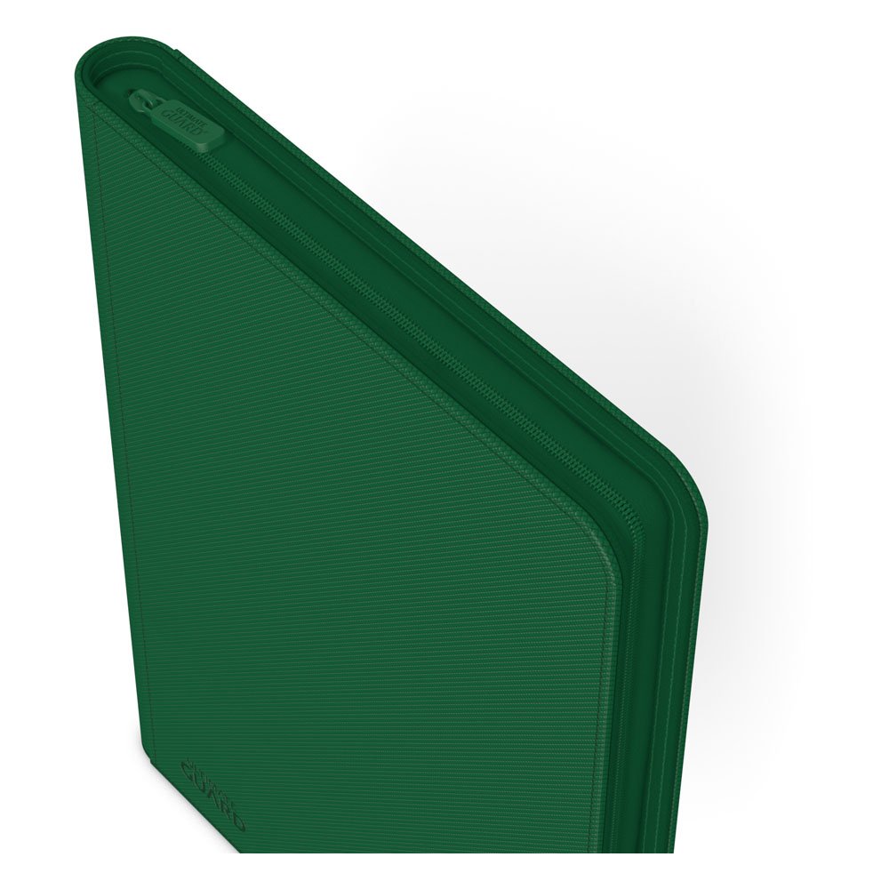 Grüne Ultimate Guard Zipfolio 360 Kartenmappe mit XenoSkin-Einband und Reißverschluss, 18-Pocket Design.