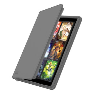 Ultimate Guard Zipfolio 360, graue Kartenmappe mit XenoSkin, zeigt Sammelkarten in 18-Taschen-Seiten.