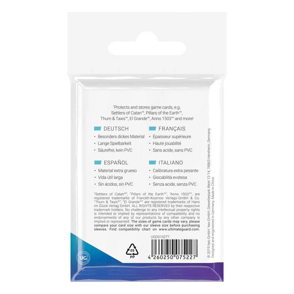 Rückseite der Ultimate Guard Premium Soft Sleeves Verpackung für Mini European Brettspielkarten, 50 Stück.