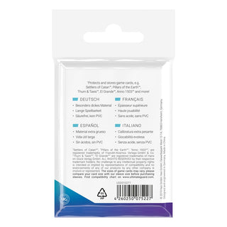 Rückseite der Ultimate Guard Premium Soft Sleeves Verpackung für Mini European Brettspielkarten, 50 Stück.