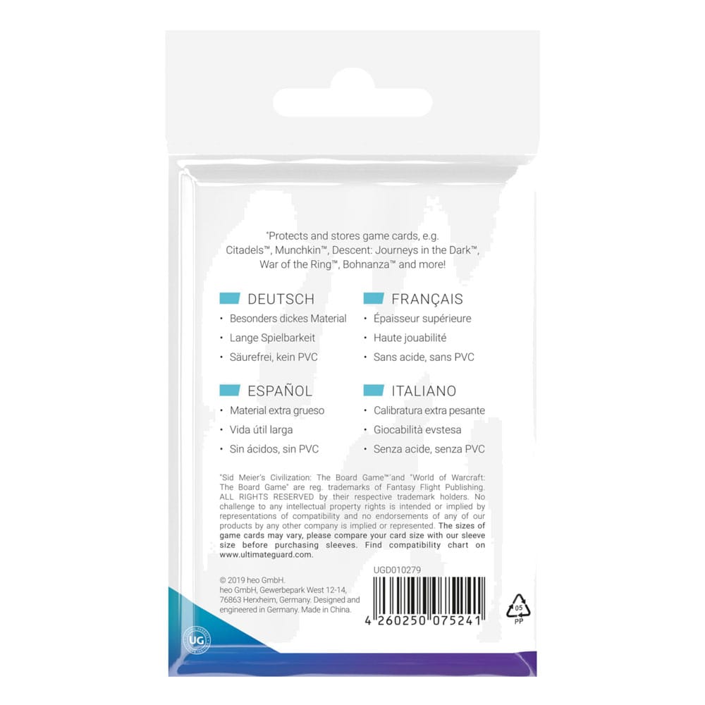 Rückseite der Ultimate Guard Premium Soft Sleeves für Brettspielkarten, 60 Stück, mehrsprachige Beschreibung.