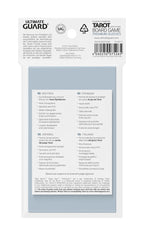 Ultimate Guard Premium Soft Sleeves für Tarot-Karten, 50 Stück, Verpackungsrückseite mit Details in mehreren Sprachen.