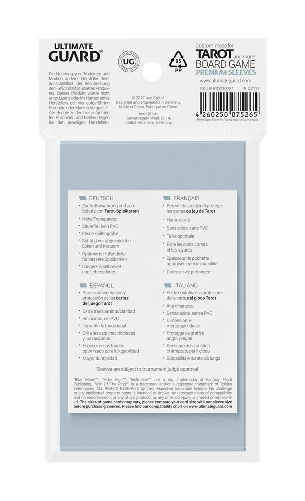 Ultimate Guard Premium Soft Sleeves für Tarot-Karten, 50 Stück, Verpackungsrückseite mit Details in mehreren Sprachen.