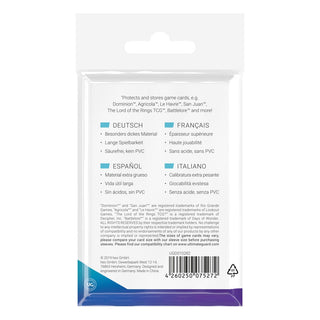 Rückseite der Ultimate Guard Premium Soft Sleeves Verpackung für europäische Brettspielkarten, 50 Stück.