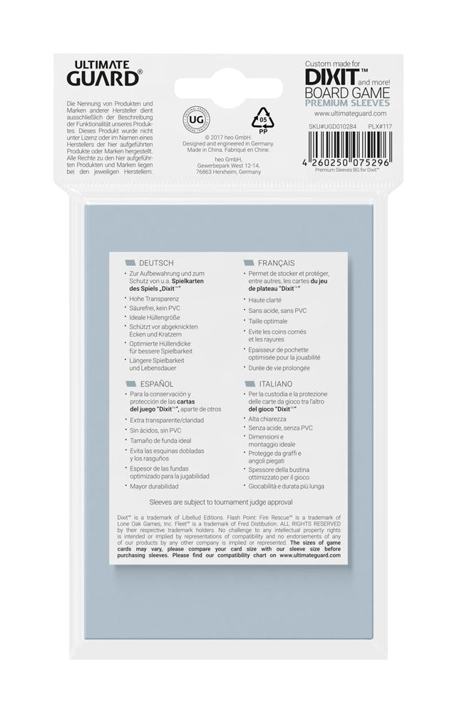 Ultimate Guard Premium Soft Sleeves für Dixit-Karten, 90 Stück, Verpackungsvorderseite mit mehrsprachiger Beschreibung.