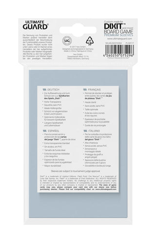 Ultimate Guard Premium Soft Sleeves für Dixit-Karten, 90 Stück, Verpackungsvorderseite mit mehrsprachiger Beschreibung.
