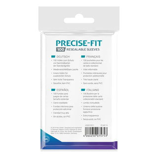 Verpackung von Ultimate Guard Precise-Fit Sleeves, 100 transparente, wiederverschließbare Kartenhüllen für Standardgröße.