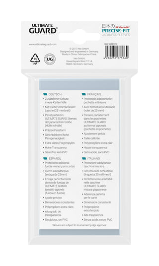 Ultimate Guard Precise-Fit Sleeves, 100 transparente, wiederverschließbare Kartenhüllen, japanische Größe, Verpackungsrück...
