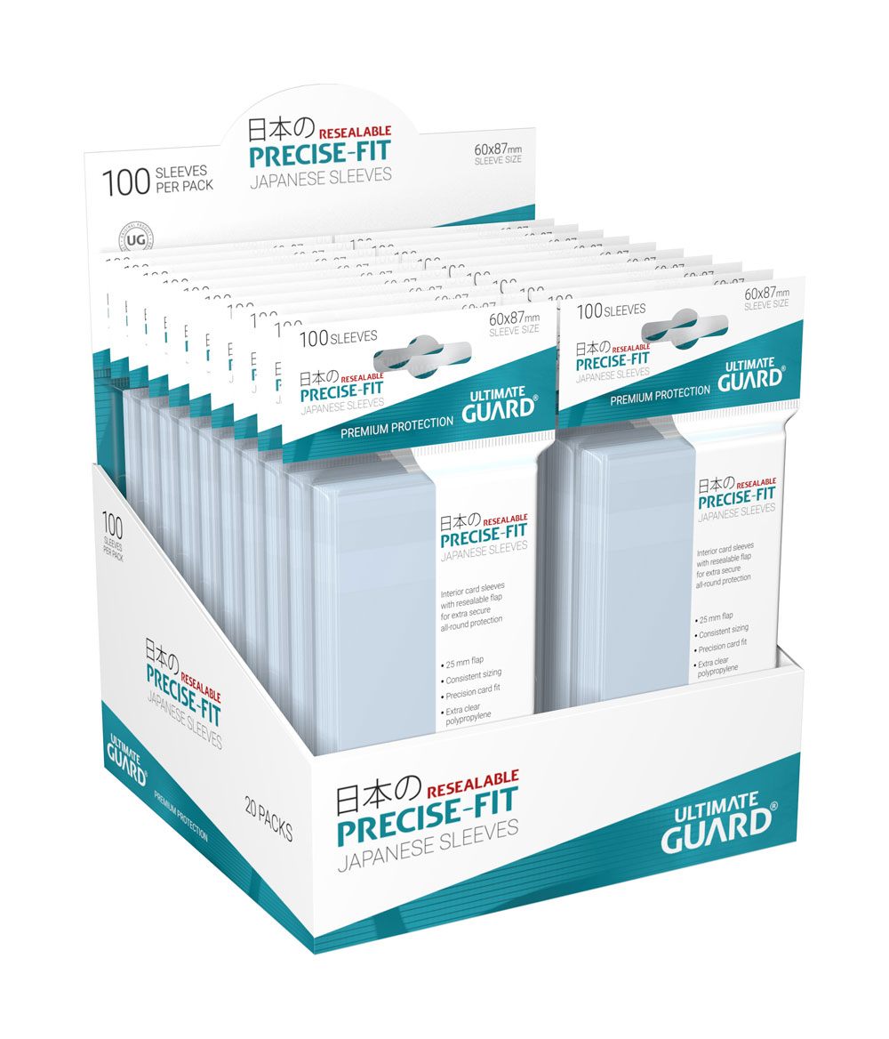 Ultimate Guard Precise-Fit Sleeves, 100 Stück, wiederverschließbar, japanische Größe, transparent, in Displaybox.