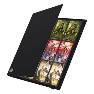 Schwarze Ultimate Guard Flexxfolio 480 Kartenmappe mit geöffnetem Einband, zeigt bunte Sammelkarten.