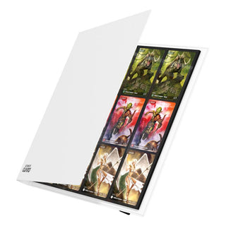 Weißes Ultimate Guard Flexxfolio 480 mit Karten, 24-Pocket-Design, geöffnet.