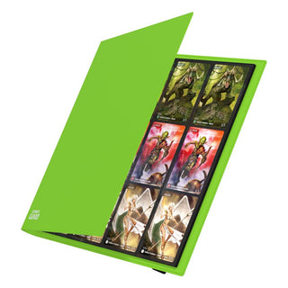Hellgrünes Ultimate Guard Flexxfolio 480 mit 24-Pocket-Seiten, zeigt Karten in transparenter Hülle.