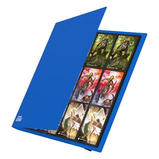 Blauer Ultimate Guard Flexxfolio 480 Quadrow mit Karten, offen, zeigt 24-Pocket-Layout für Playsets.