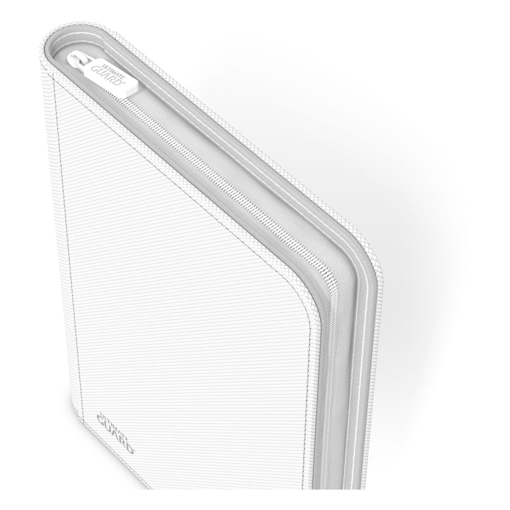 Weiße Ultimate Guard Zipfolio 160 Kartenmappe mit XenoSkin-Einband und Reißverschluss, 8-Pocket Design für Sammelkarten.