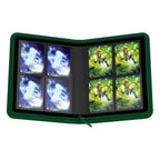 Grüne Ultimate Guard Zipfolio 160 Kartenmappe mit geöffnetem Reißverschluss, zeigt 8-Pocket-Seiten mit Sammelkarten.