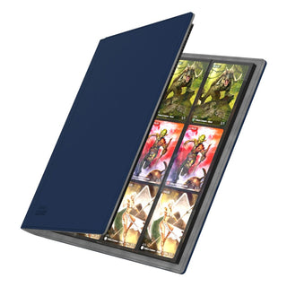Blaues Ultimate Guard Portfolio 480 XenoSkin mit geöffneten 24-Taschen-Seiten, gefüllt mit Sammelkarten.
