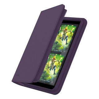 Ultimate Guard Zipfolio 160, violett, mit XenoSkin-Einband und 8-Pocket-Seiten, geöffnet mit Sammelkarten.