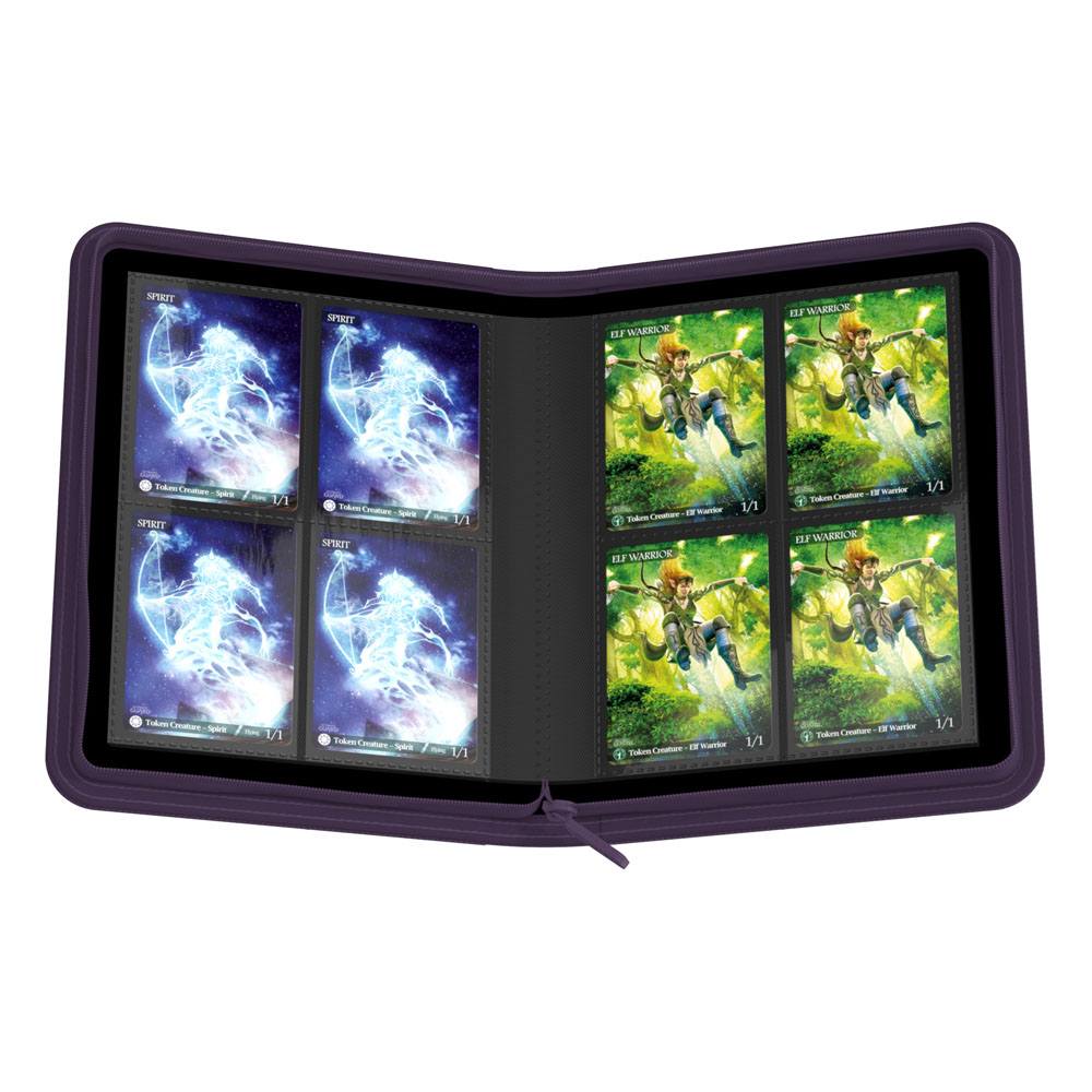 Ultimate Guard Zipfolio 160, violett, geöffnet mit Sammelkarten in 8-Pocket-Seiten, XenoSkin-Einband, Reißverschluss.