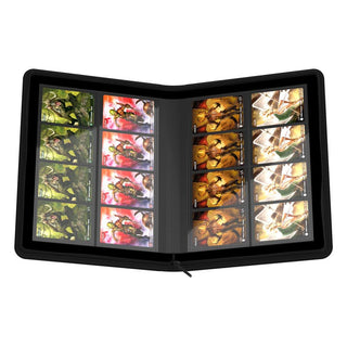 Ultimate Guard Zipfolio 320, schwarze Kartenmappe mit 16-Pocket-Seiten, offen mit Sammelkarten.