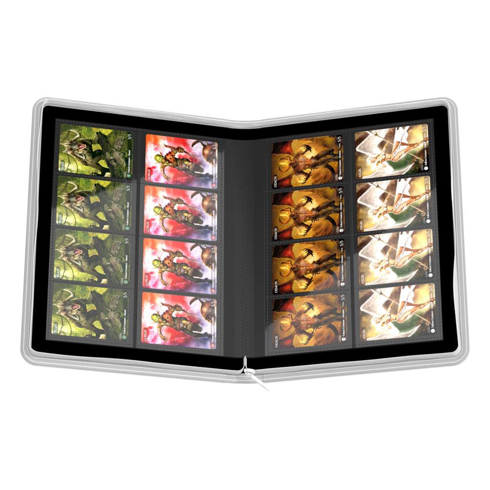 Offene Ultimate Guard Zipfolio 320 Kartenmappe mit 16-Taschen-Seiten, gefüllt mit Sammelkarten.