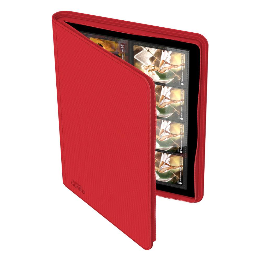 Rote Ultimate Guard Zipfolio 320 Kartenmappe mit XenoSkin, offen mit Sammelkarten sichtbar.