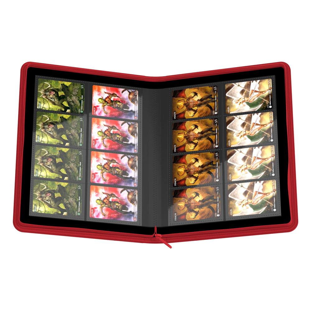 Ultimate Guard Zipfolio 320, rot, offen mit Sammelkarten in 16-Pocket-Seiten, XenoSkin-Einband.