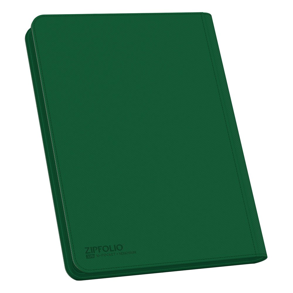 Grüne Ultimate Guard Zipfolio 320 Kartenmappe mit XenoSkin-Einband und Reißverschluss, 16-Pocket-Design für Sammelkarten.