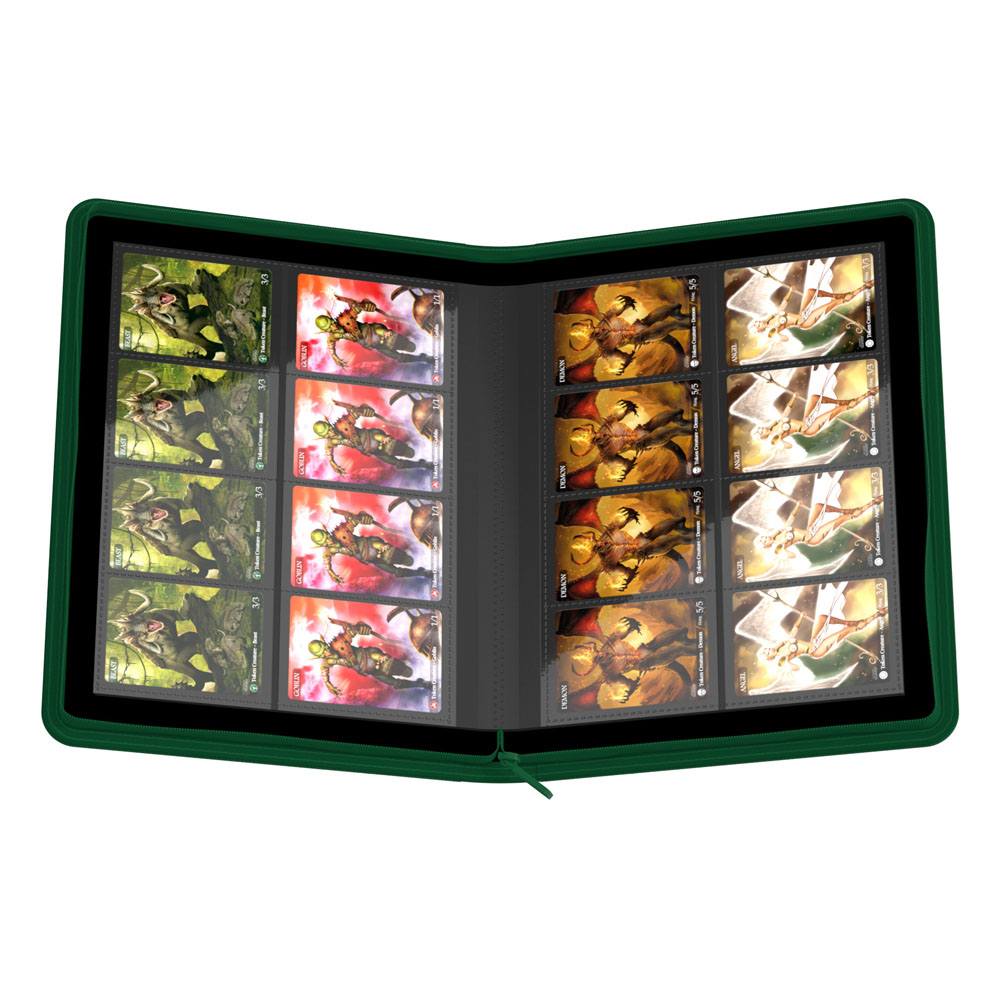 Grüne Ultimate Guard Zipfolio 320 Kartenmappe mit geöffneten 16-Pocket-Seiten, gefüllt mit Sammelkarten.