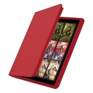 Rote Ultimate Guard Zipfolio 480 Kartenmappe mit XenoSkin-Einband, geöffnet, zeigt Sammelkarten in 24 Taschen.