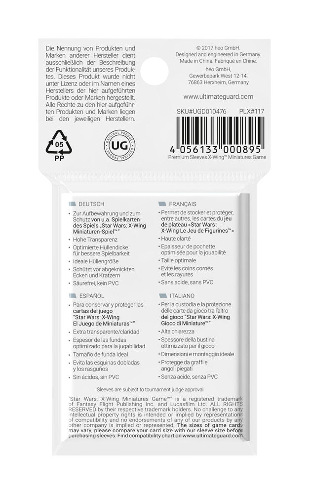 Rückseite der Ultimate Guard Board Game Sleeves Verpackung mit Details zu Materialien und Kompatibilität für X-Wing Miniat...