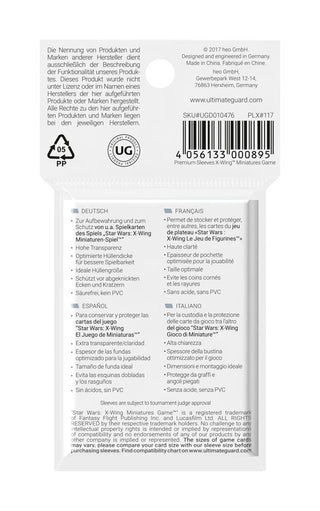 Rückseite der Ultimate Guard Board Game Sleeves Verpackung mit Details zu Materialien und Kompatibilität für X-Wing Miniat...