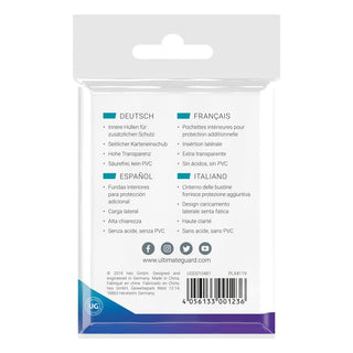 Rückseite der Ultimate Guard Precise-Fit Sleeves, mehrsprachige Beschreibung, transparent, 100 Stück, seitlicher Kartenein...