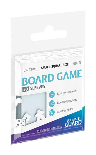 Verpackung von Ultimate Guard Premium Sleeves für Brettspielkarten, 50 Stück, quadratisch, 53x53mm, extra dick, säurefrei.