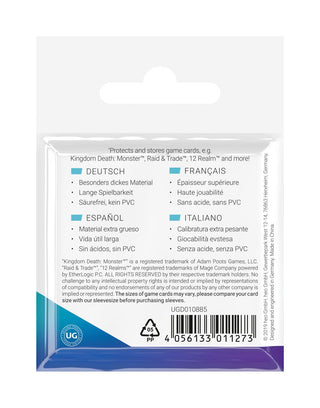 Rückseite der Ultimate Guard Premium Sleeves für quadratische Brettspielkarten, 50 Stück, mehrsprachige Beschreibung.