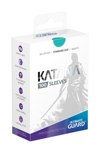 Ultimate Guard Katana Sleeves Standardgröße Türkis, 100 Stück, Verpackung mit Samurai-Design.