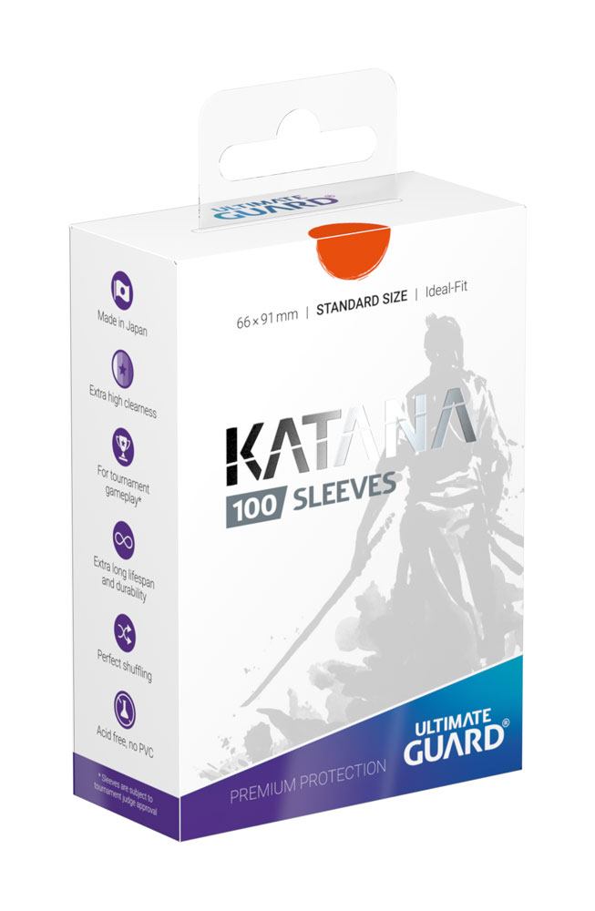 Ultimate Guard Katana Sleeves Standardgröße Orange, 100 Stück, Verpackung mit Samurai-Design.