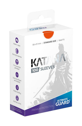 Ultimate Guard Katana Sleeves Standardgröße Orange, 100 Stück, Verpackung mit Samurai-Design.