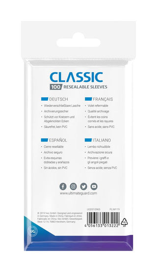 Ultimate Guard Classic Sleeves, 100 wiederverschließbare Hüllen, transparent, für Sammelkarten, PVC-frei.