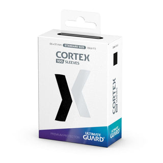 Produktbild der Ultimate Guard Cortex Sleeves, Standardgröße, Schwarz, 100 Stück, Verpackungsvorderseite.