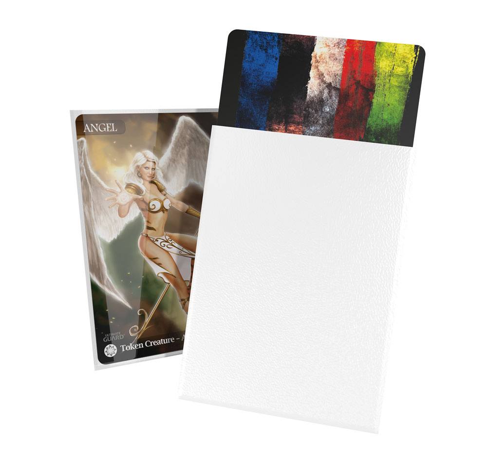 Ultimate Guard Cortex Sleeves, Standardgröße, Weiß, 100er-Pack, zeigt Kartenhüllen mit Karten und farbigem Design.