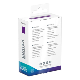 Ultimate Guard Cortex Sleeves Standardgröße Violett, 100er Packung, Rückseite mit mehrsprachiger Beschreibung.