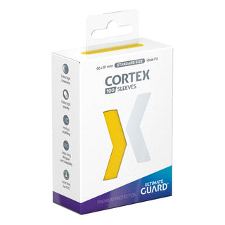 Ultimate Guard Cortex Sleeves Standardgröße Gelb, 100er Packung, aufrecht stehend, Vorderseite sichtbar.