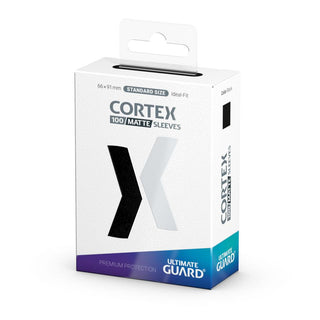 Ultimate Guard Cortex Sleeves, 100 matt-schwarze Kartenhüllen, Standardgröße, Verpackungsvorderseite.