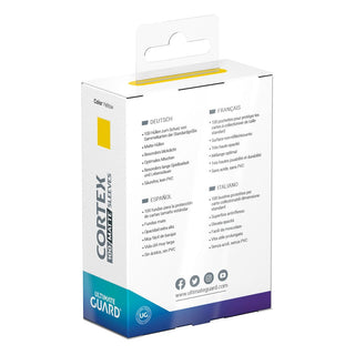 Ultimate Guard Cortex Sleeves, 100 matte gelbe Hüllen, Standardgröße, Verpackung mit mehrsprachiger Beschreibung.