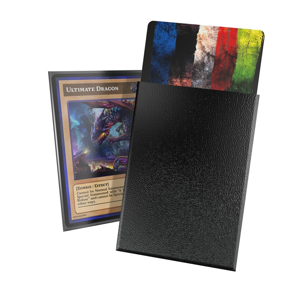 Ultimate Guard Cortex Sleeves, matt-schwarz, japanische Größe, für TCG-Karten, 60er-Pack, zeigt Karten in Schutzhüllen.